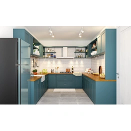 A U-Shaped Modern Kitchen With A Wooden Countertop