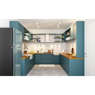 A U-Shaped Modern Kitchen With A Wooden Countertop