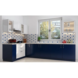 An L-shaped Modular Kitchen In Blue And White