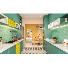 A Parallel Kitchen Design In Yellow And Turquoise