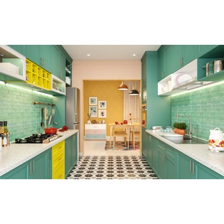 A Parallel Kitchen Design In Yellow And Turquoise