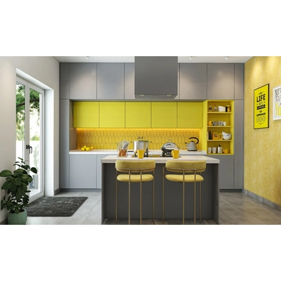 A Modular Island Kitchen Design With An Accent Wall