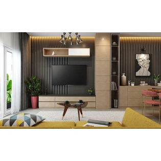 A Living Room Design With A TV Unit Designed With Open And Closed Storage