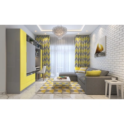 A Living Room Design With A Modular TV Unit In Yellow And Grey