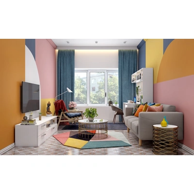 A Stylish Living Room Cum Study Designed In Vibrant Colour Palette