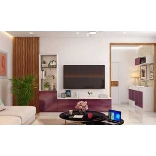 A Modern Living Room With a TV Unit With An Attached Display Shelf