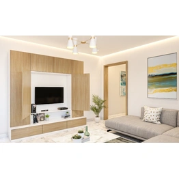 A Bright Minimalist Living Room Featuring An Entertainment Hub With A Lightwood Finish