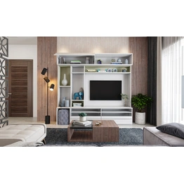 A Living Room With A Multipurpose White Laminate TV Unit