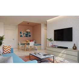 A Pastel Coloured Living Area With A TV Unit