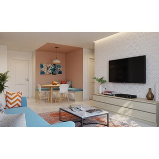 A Pastel Coloured Living Area With A TV Unit