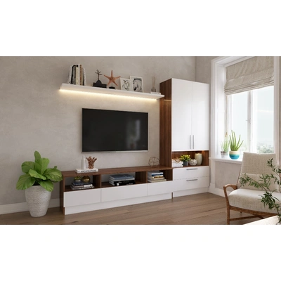 An Elegant Living Room With A Modular TV Unit And Storage Cabinet