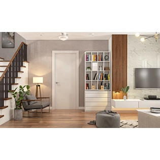 An All White Living Room With Wooden Flooring