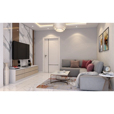 An Neutral Toned Living Room With A Marble Panelled Wall And A Partition