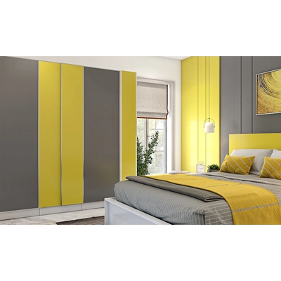 A Bedroom Design With Modular Furniture In Yellow And Grey