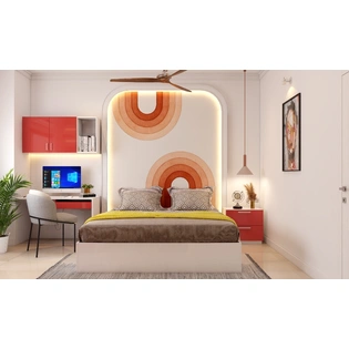 A Bright Bedroom With A Study Unit