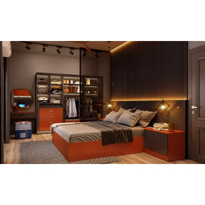 A Bedroom With Study Corner And Open Closet