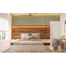 A Chic Bedroom With Wood Finished Extended Headboard