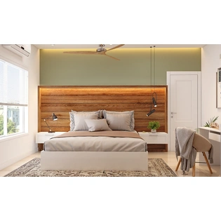 A Chic Bedroom With Wood Finished Extended Headboard