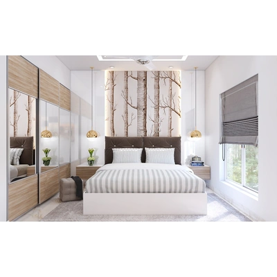 A White Earthy Bedroom Design With A Sliding Door Wardrobe