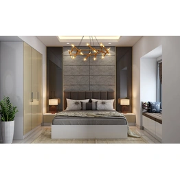 A Classy Bedroom With A Study Unit And A Statement Chandelier