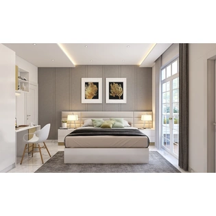 An Elegant Bedroom In White And Grey