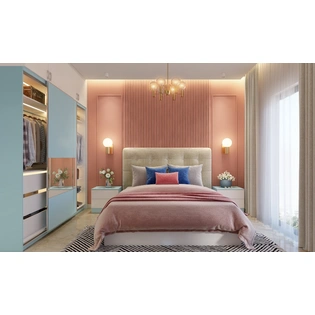 A Pink And Blue Bedroom With A Gorgeous Wall Panel Design