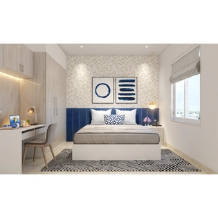 A Cream And Blue Bedroom With Light Wood Modular Furniture