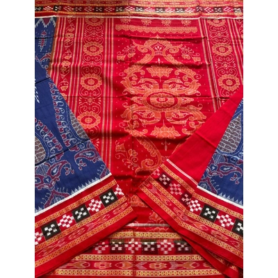 Sambalpuri Cotton Saree (Bule & Red) By Koustuva Exports