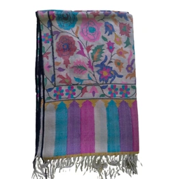 White Colour Kani Shawl with Several Flowers and Motifs