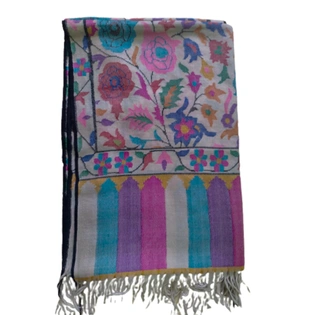 White Colour Kani Shawl with Several Flowers and Motifs