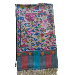 White Color Kani Shawl with Several Flowers