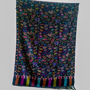 Black Colour Kani Shawl with Motifs and Leaves