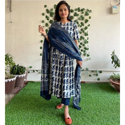 COTTON INDIGO PRINTED KURTI PANT DUPPATA SET