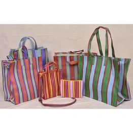 Customised Recycled Nylon Striped Indian Market Shopping Bag & Pouches