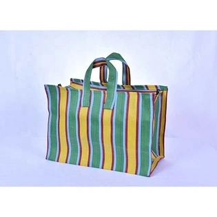 Greenish Yellow Recycled Nylon Striped Indian Market Shopping Bag