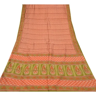 Sanskriti Vintage Peach Indian Sarees Art Silk Floral Printed Sari Craft Fabric, PR-54630