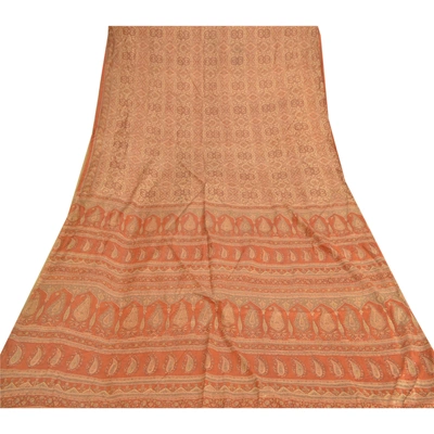 Sanskriti Vintage Orange Indian Sarees Art Silk Printed Fabric Craft Sewing Sari, PR-54580