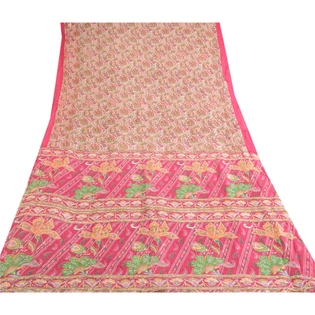 Sanskriti Vintage Pink Indian Blend Silk Sarees Printed Sari 5Yd Craft Fabric, PR-57501