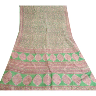 Sanskriti Vintage Indian Green Blend Silk Sarees Printed Sari 5Yd Craft Fabric, PR-57525