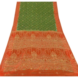 Sanskriti Vintage Green Sarees Bandhani Printed Blend Silk Sari 5Yd Craft Fabric, PR-52084