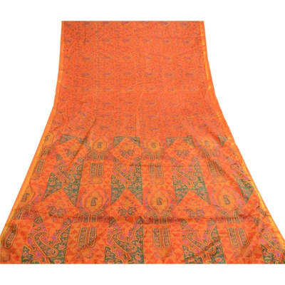 Sanskriti Vintage Orange Indian Sarees Art Silk Printed Sari 5Yd Craft Fabric, PR-59058