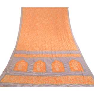 Sanskriti Vintage Sarees Orange Art Silk Indian Printed Sari Soft Craft Fabric, PR-59716