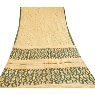 Sanskriti Vintage Sarees Cream Indian Blend Silk Printed Sari Soft Craft Fabric, PR-60664