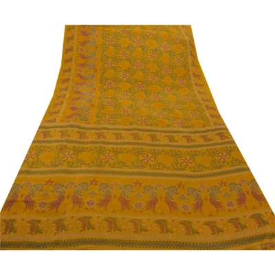 Sanskriti Vintage Yellow Indian Sari Art Silk Printed Craft Sarees 5 Yard Fabric, PR-44094