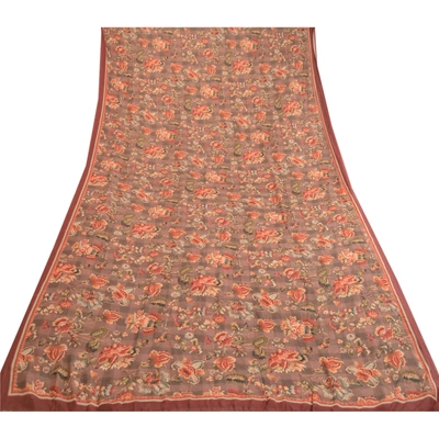 Sanskriti Vintage Sarees Brown Artificial Silk Printed Sari Floral Craft Fabric, PR-63371