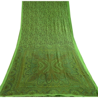 Sanskriti Vintage Sarees Green Indian 100% Pure Silk Printed Sari Craft Fabric, PR-62875