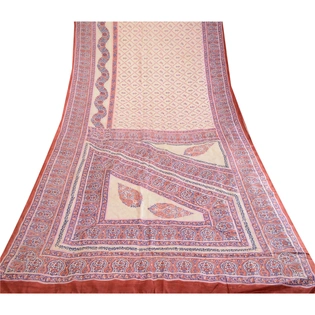 Sanskriti Vintage Sarees Ivory Indian Pure Silk Printed Sari Soft Craft Fabric, PR-62912