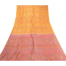 Sanskriti Vintage Sarees Indian Yellow 100% Pure Silk Printed Sari Craft Fabric, PR-63332