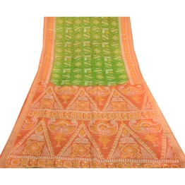 Sanskriti Vintage Sarees Green Printed 100% Pure Silk Sari Soft 5Yd Craft Fabric, PR-63298