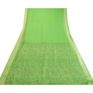 Sanskriti Vintage Sarees Green Printed Pure Silk Sari 5Yd Floral Craft Fabric, PR-63681